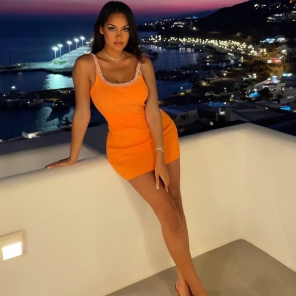Zara orange ribbed knit mini dress with pearl neckline detailing